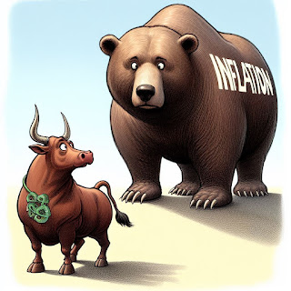 An editorial cartoon of a worried Wall Street bull looking backward over its shoulder at a bear. The bear has the word 'Inflation' written on it. Image created with Microsoft Bing Image Generator.