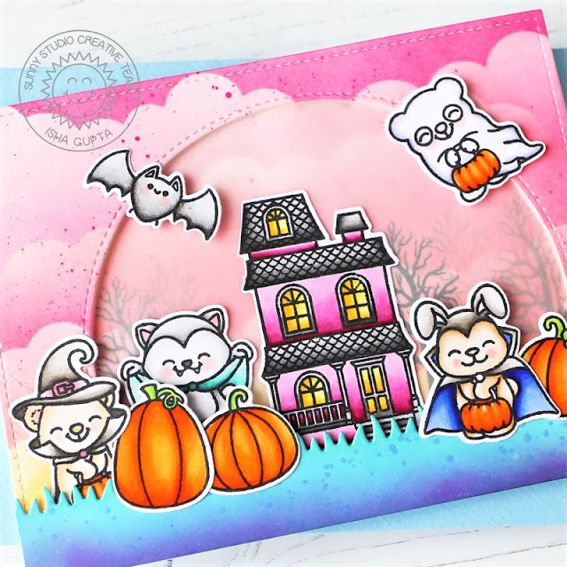 Sunny Studio Stamps: Too Cute to Spook Card by Isha Gupta (featuring Stitched Semi-Circle Dies, Picket Fence Border Dies)