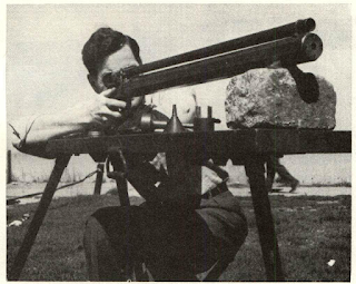 Use of the “heavies,” the 30-40 pound bench-rest rifles, was reserved to the best and coolest shots who acted independently of the Regiment. Here in a sequence of photos cool and independent shooter John T. Amber, editor of Gun Digest, reenacts loading and sighting of a “heavy.”