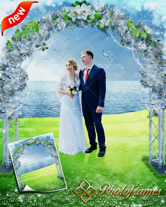 Plantilla con Arco para bodas a la orilla del lago para fotos de bodas