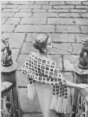 1950s vintage crochet pattern; Vogue Knitting; stole in multi-coloured granny squares with fringe