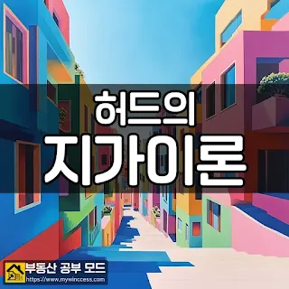 토지의 형성 과정과 분포를 설명하기 위해 접근성으로 경제적 분석을 하려는 허드의 지가이론을 나타내기 위해 양쪽으로 다채로운 건물들이 들어서 있는 거리의 모습을 밝은 색감으로 표현한 일러스트 입니다.