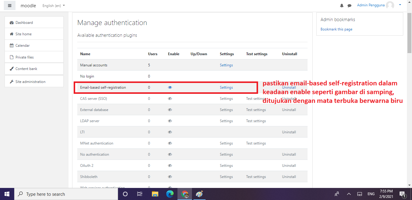 Membuka halaman registrasi moodle