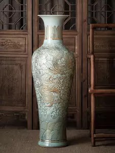 Jingdezhen Ceramics Powder Celadon Glaze Carved Dragon Pattern Light Luxury Gold Painting Large Vase Decoration Living Room US $2,787.35 Free Shipping Free Return