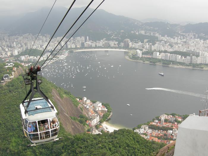 Sugarloaf Mountain, is a peak situated in Rio de Janeiro, Brazil, at the mouth of Guanabara Bay on a peninsula that sticks out into the Atlantic Ocean. Rising 396 metres (1,299 ft) above the harbor, its name is said to refer to its resemblance to the traditional shape of concentrated refined loaf sugar.