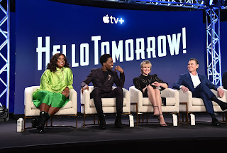Haneefah Wood, Dewshane Williams, Alison Pill and Billy Crudup, Executive Producer, from “Hello Tomorrow!” speak at the Apple TV+ 2023 Winter TCA Tour at The Langham Huntington Pasadena.