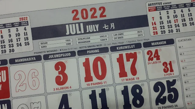 Kalender Juli 2022 Lengkap dengan Tanggal Merah dan Keterangannya