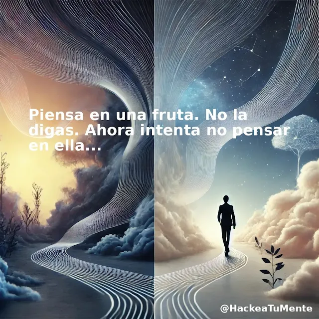 Ejercicio mental sobre el pensamiento automático con metáfora visual de caminos y nubes divididas.
