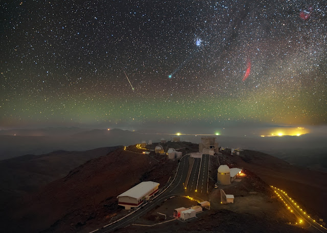 Comet Lovejoy, Meteor, Pleiades, California Nebula and Milky Way seen over La Silla Observatory