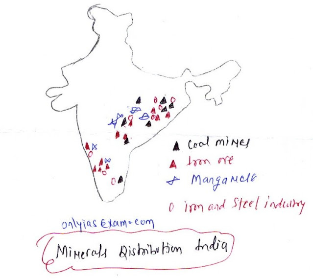 भारत में लौह अयस्क, मैंगनीज, कोयला , तथा लोहा इस्पात उद्योग के वितरण