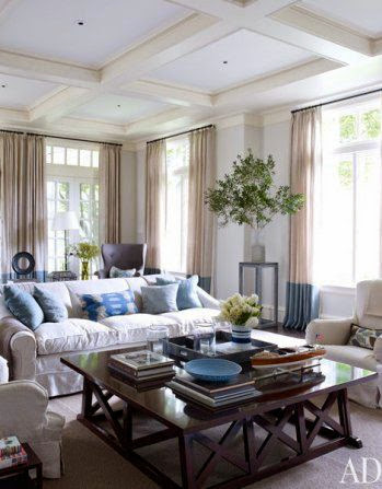 traditional blue and white living family room coffered ceiling