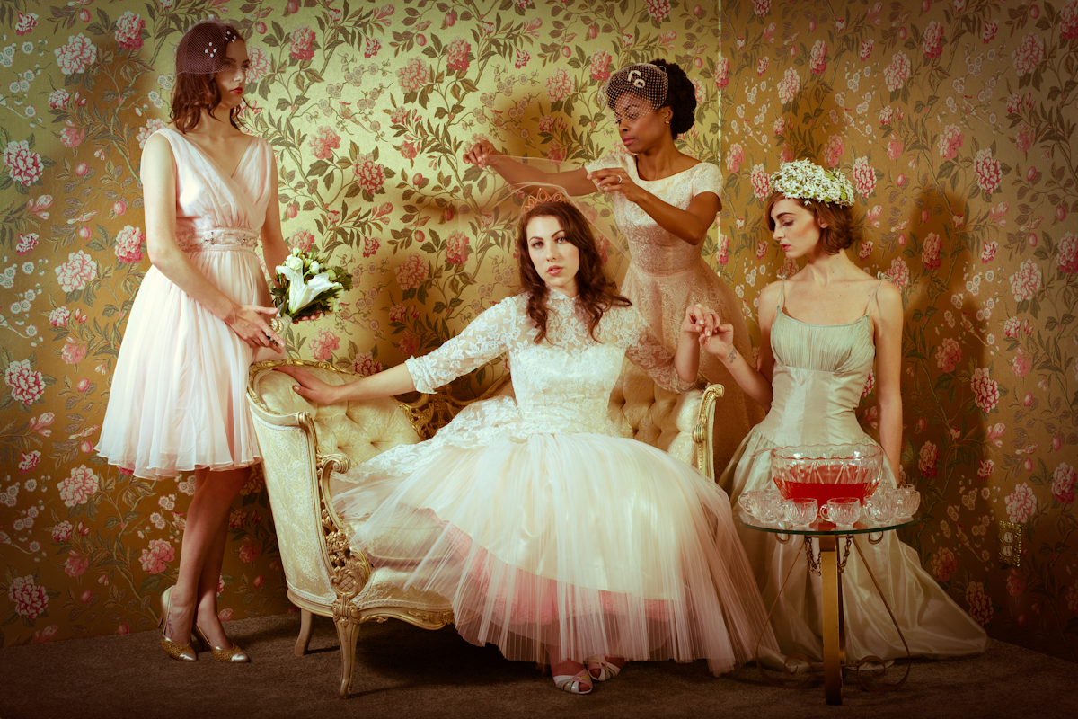 vintage tea length wedding dresses  Cahill Wedding dress in ivory and pink, vintage brides maid dresses