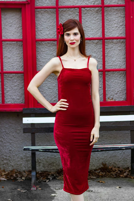 Red Velvet Strappy Square Neck Bodycon Midaxi Dress - Sara from FemmeLuxeFinery.co.uk