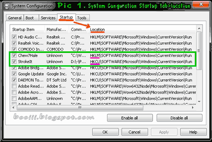 System configuration: Startup tab>location
