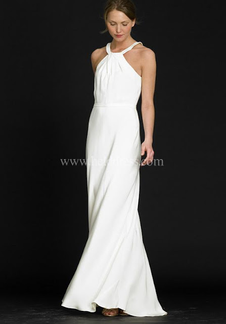 A Line Halter Floor Length Attached Silk Wedding Dress Style
