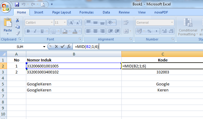 Hasil Penereapan Substring di excel dengan MID