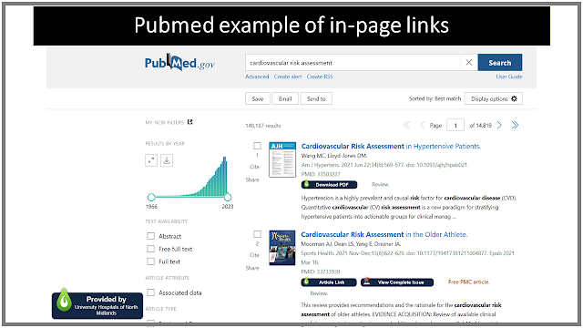 example search results on pubmed; each item has a libkey nomad button indicating how to access full-text