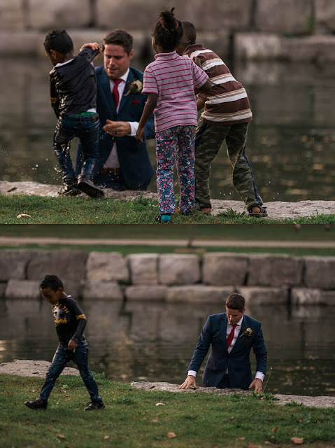 While posing for his wedding photographs, the groom Clayton Cook noticed a child in the pond struggling to stay afloat and so dived in and saved the child's life.