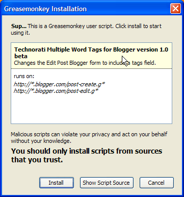 Install Technorati Multiple word tags for blogger greesemonkey addon