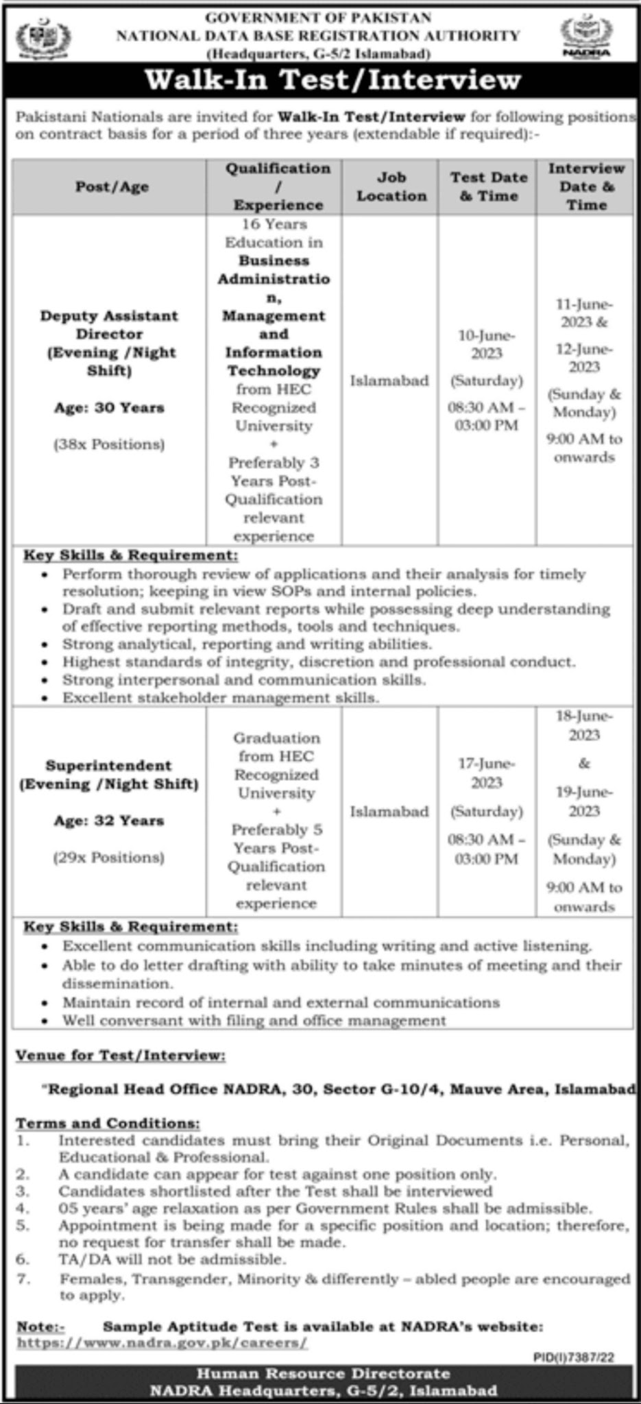 NADRA Islamabad Jobs 2023 Walk-in Interview
