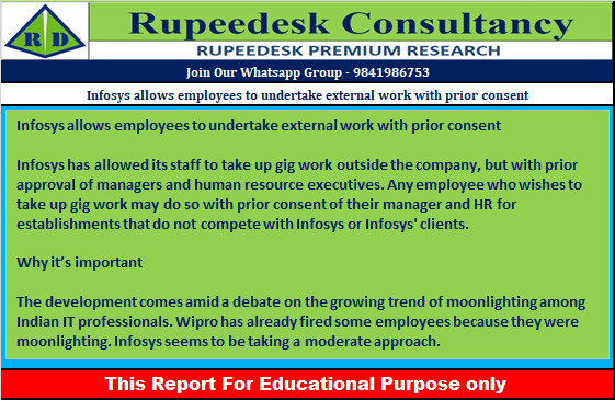 Infosys allows employees to undertake external work with prior consent - Rupeedesk Reports - 21.10.2022