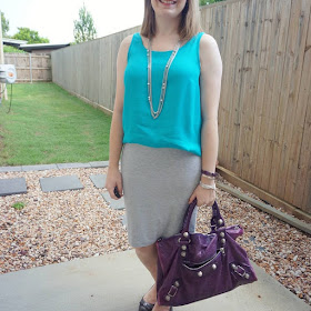 awayfromblue Instagram | jeanswest vickie turquoise tank with grey jersey pencil skirt summer office outfit purple balenciaga work bag