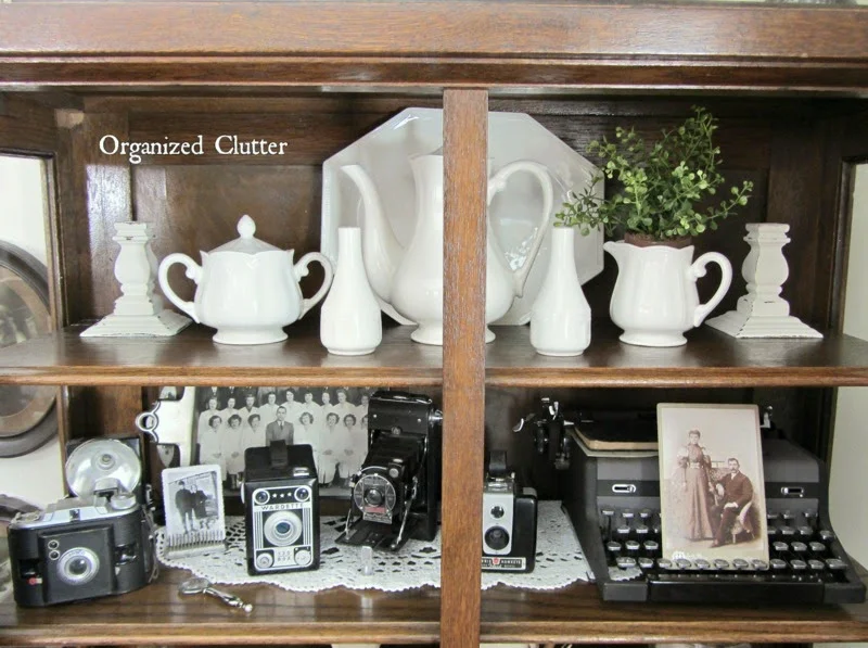 Vintage, Neutral Vignettes for the China Cabinet www.organizedclutterqueen.blogspot.com