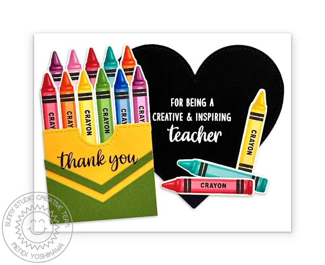 Sunny Studio Rainbow Crayons School Thank You Card using Teacher Appreciation, Color My World Stamps & Gift Card Pocket Die