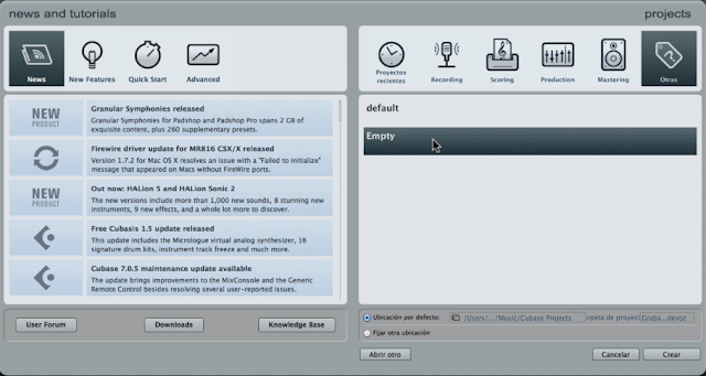 cubase tutorial, seleccion proyecto vacio cubase