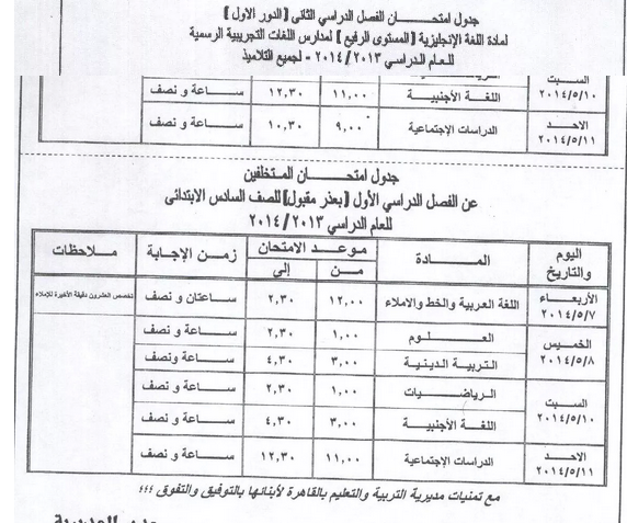 جدول امتحانات الشهاده الابتدائيه محافظة القاهره 2014 الترم الثانى - الصف السادس