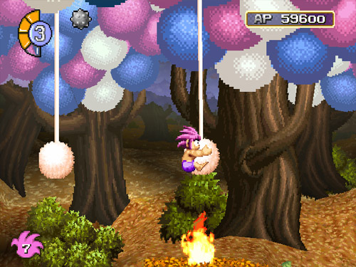 Tomba riding a hanging puff ball