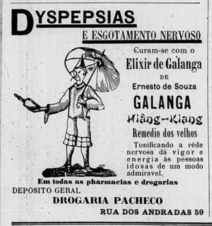 Anúncio antigo veiculado em 1901 para promover o Elixir de Galanga