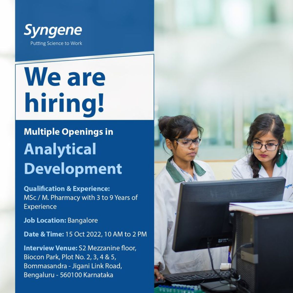 Job Availables for Syngene Walk-In Interview for MSc/ M Pharm