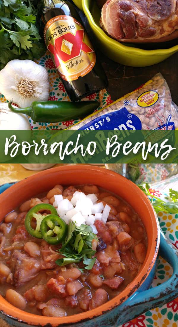 Borracho Beans! Savory, saucy pinto beans cooked low and slow with pork, spices and beer. THE PERFECT side dish recipe for your next Mexican feast!