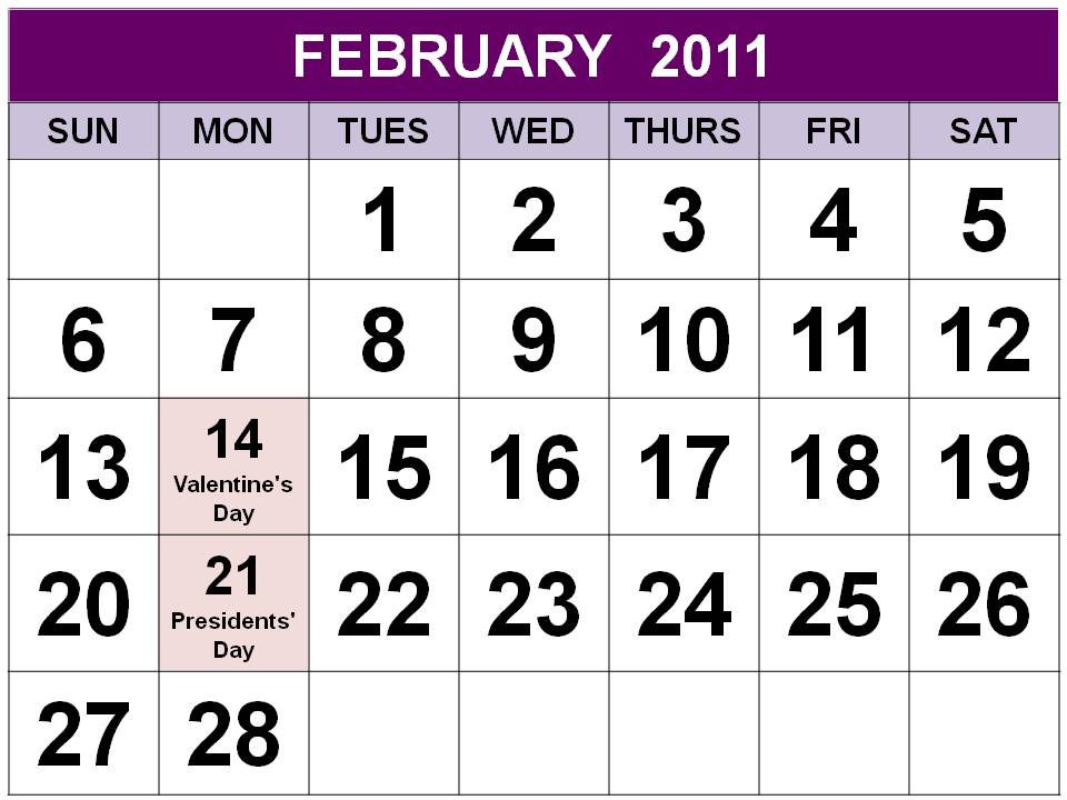 Free Printable USA / US February 2011 Calendar with big fonts