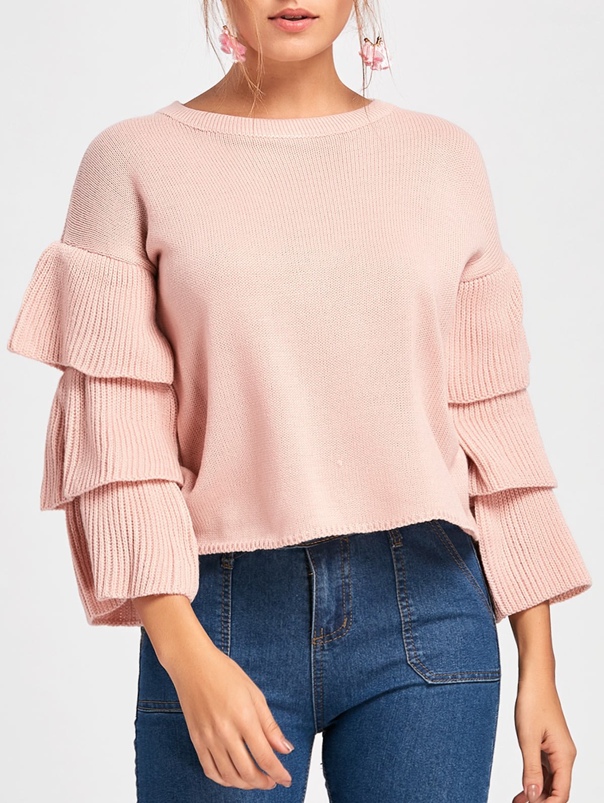  Ruffle Flare Sleeve Crew Neck Sweater 