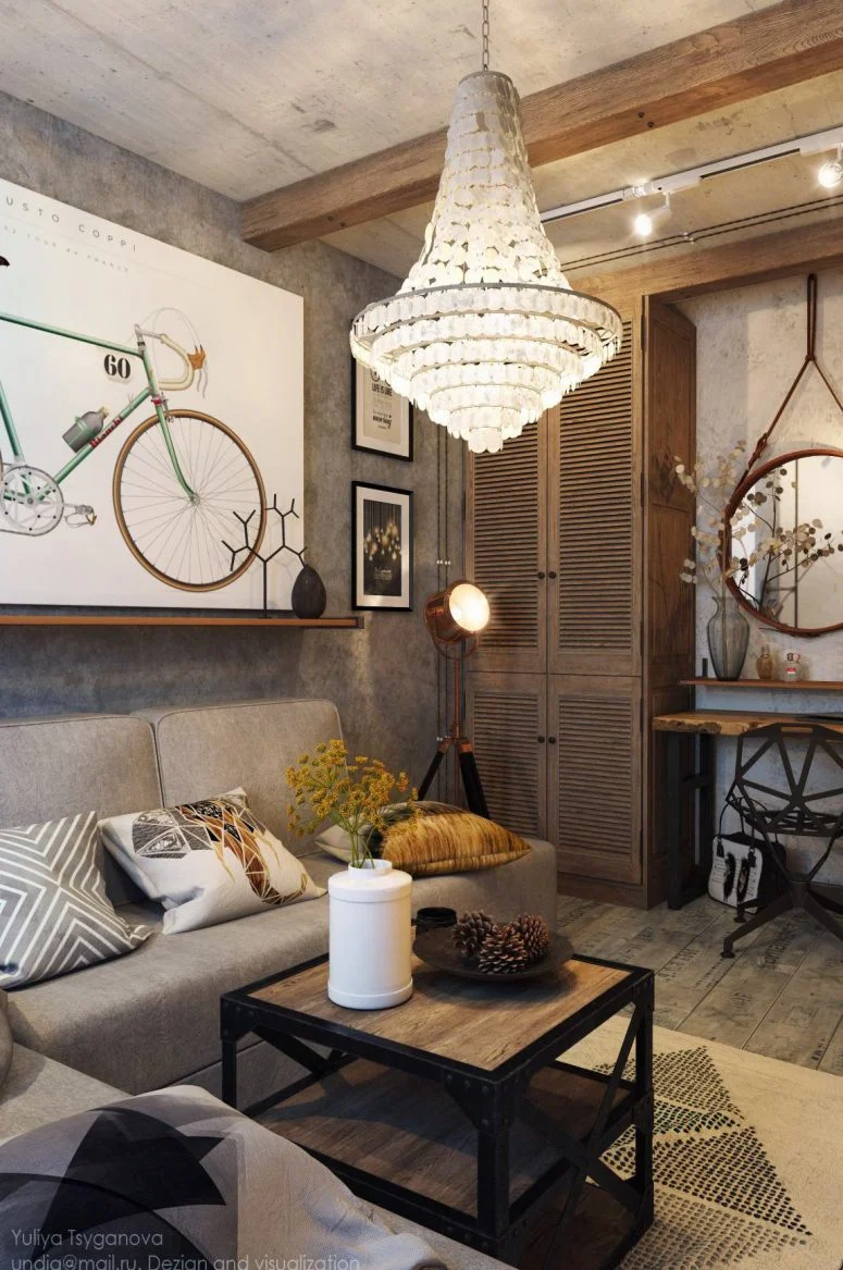 Cozy Industrial Living Room Design In Grey Tones