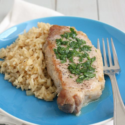 Skillet Pork Chops and Rice with Parsley Butter