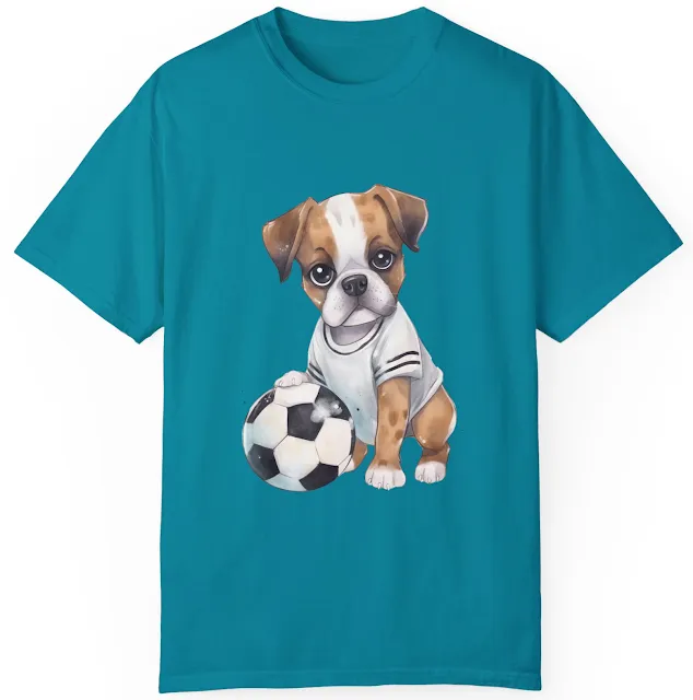 T-Shirt With Graphic of Cute Boxer Dog Wearing White Jersey Playing Football