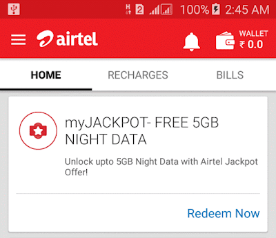  amongst My Airtel App for all Airtel Prepaid subscribers  Airtel myJACKPOT Offer Get 5GB Free Internet Data - June 2017