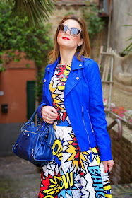Love Moschino comics dress, faux leather biker jacket, Balenciaga city blue, Fashion and Cookies, fashion blogger