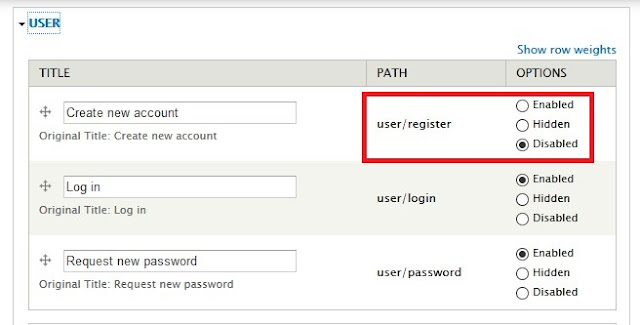 how to disable create new account tab in drupal How To Disable Drupal Create New Account Link or Tab If Using Profile2 Registration Path ?