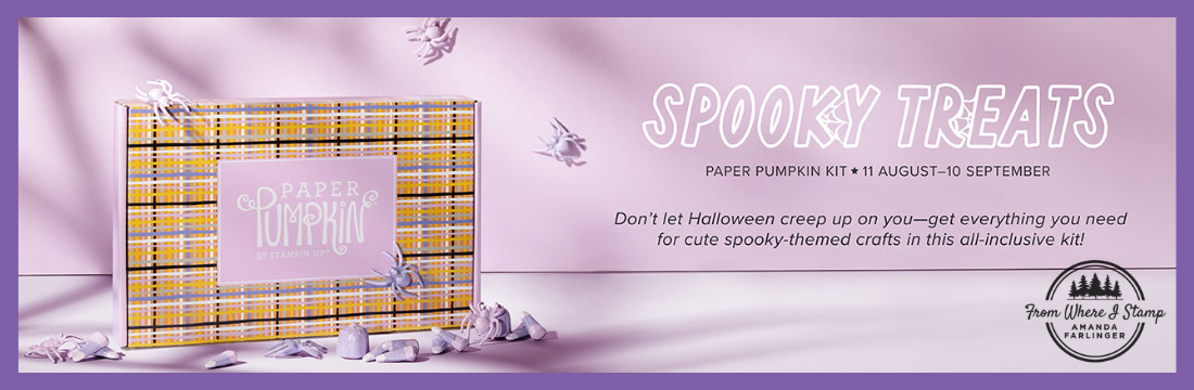 A plaid box with orange, black and purple stripes that holds the crafting kit is surrounded by purple candy corn, pumpkins and spiders to give an idea of what images are used in the Spooky Treats Paper Pumpkin kit. Don't let Halloween creep up on you, subscribe by September 10 to receive the kit.