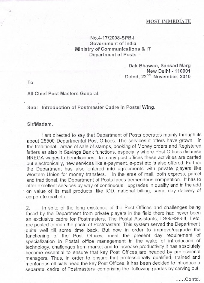 ORDERS ON POSTMASTER CADRE ISSUED