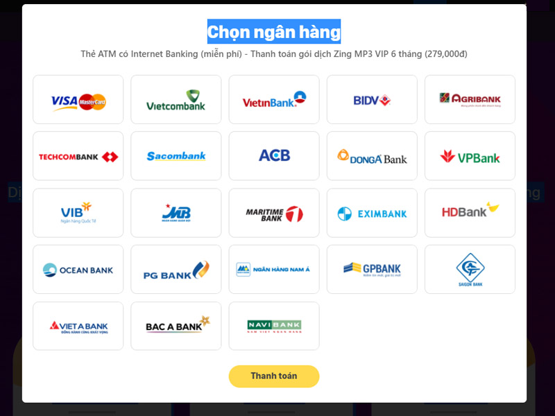 Chọn ngân hàng để thanh toán