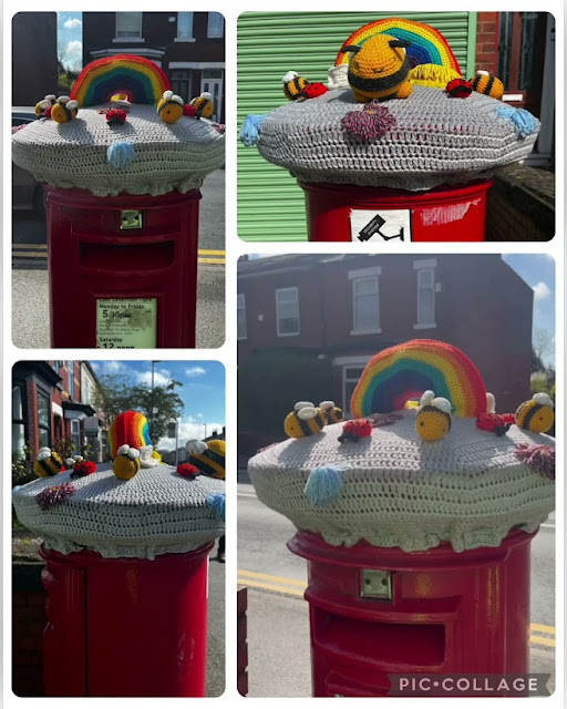 a collage of pictures of A postbox in Eccles near Manchester that has been yarnbombed with a scene of bumblebees and a rainbow.