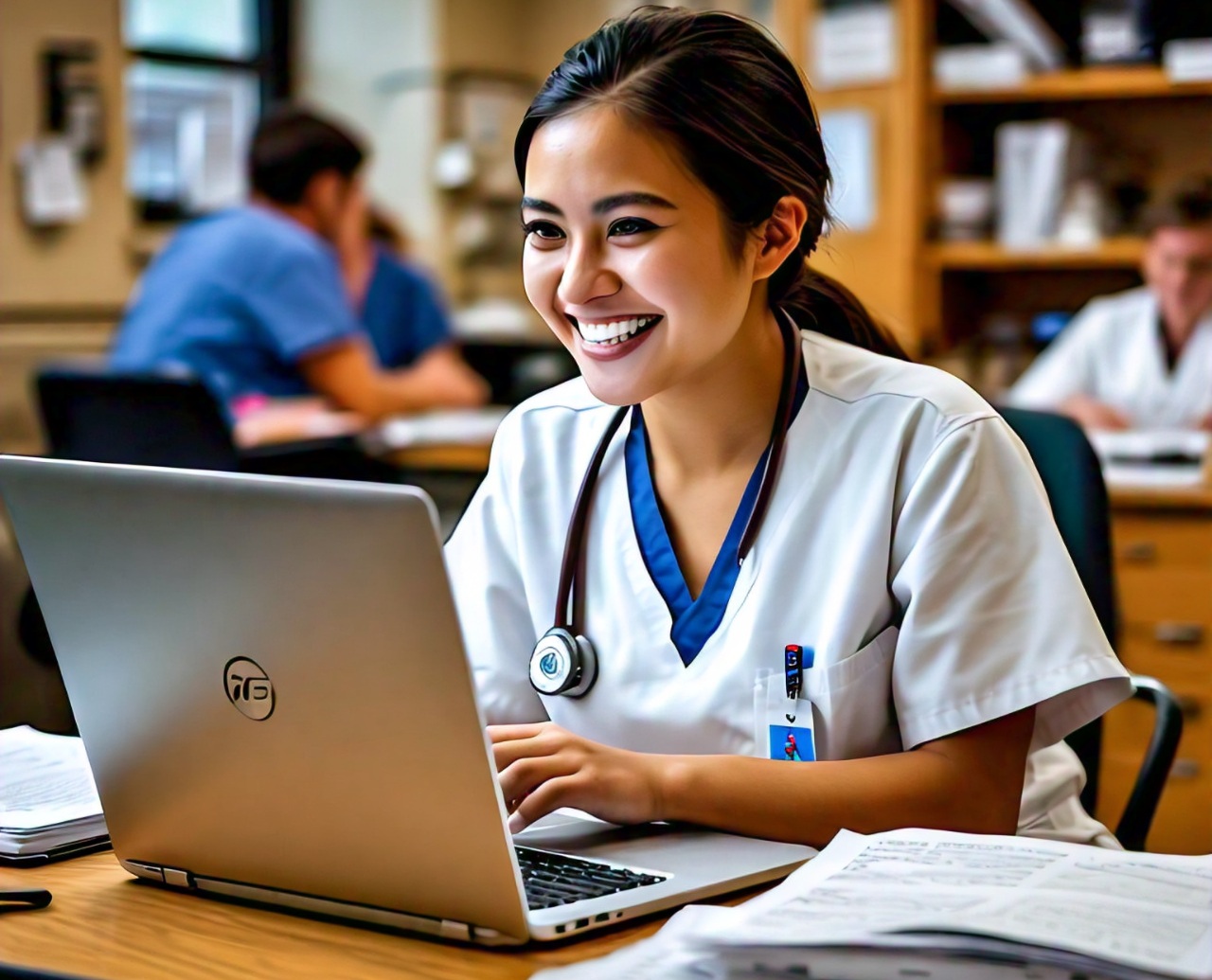 (Insert Image Suggestion: A smiling nursing student in scrubs working on a laptop.)
