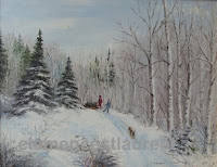 Before the holidays, 14 x 18 oil painting by Clemence St. Laurent - bringing back a fir tree from the woods in the countryside