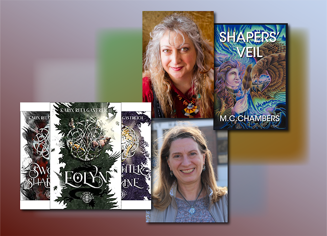 M. C. Chambers’ Author photo and the cover for her novel “Shapers’ Veil,” with the three-cover collection of the “Silver Web Trilogy” and Karin Rita Gastreich’s Author photo.