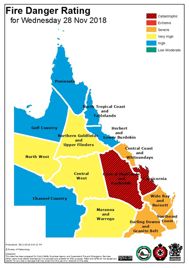 On 28 November 2018, Fire Danger Ratings reached 'Catastrophic' for the first time in Queensland, Australia, due to the combination of a very dry, hot airmass and strong, gusty westerly winds, according to the Australia Bureau of Meteorology. Graphic: Bureau of Meteorology